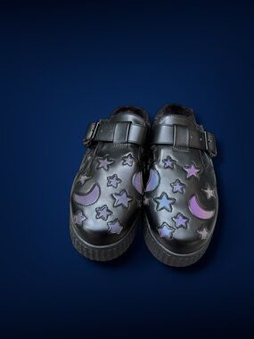 Black Moon & Star Clog Shoes with Purple iridescent accent